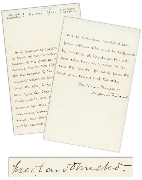 Frederick Law Olmsted Letter Signed as Superintendent of Central Park, During Its Construction -- ''those who have no means to go into the country for relief from the heat and turmoil of the city''